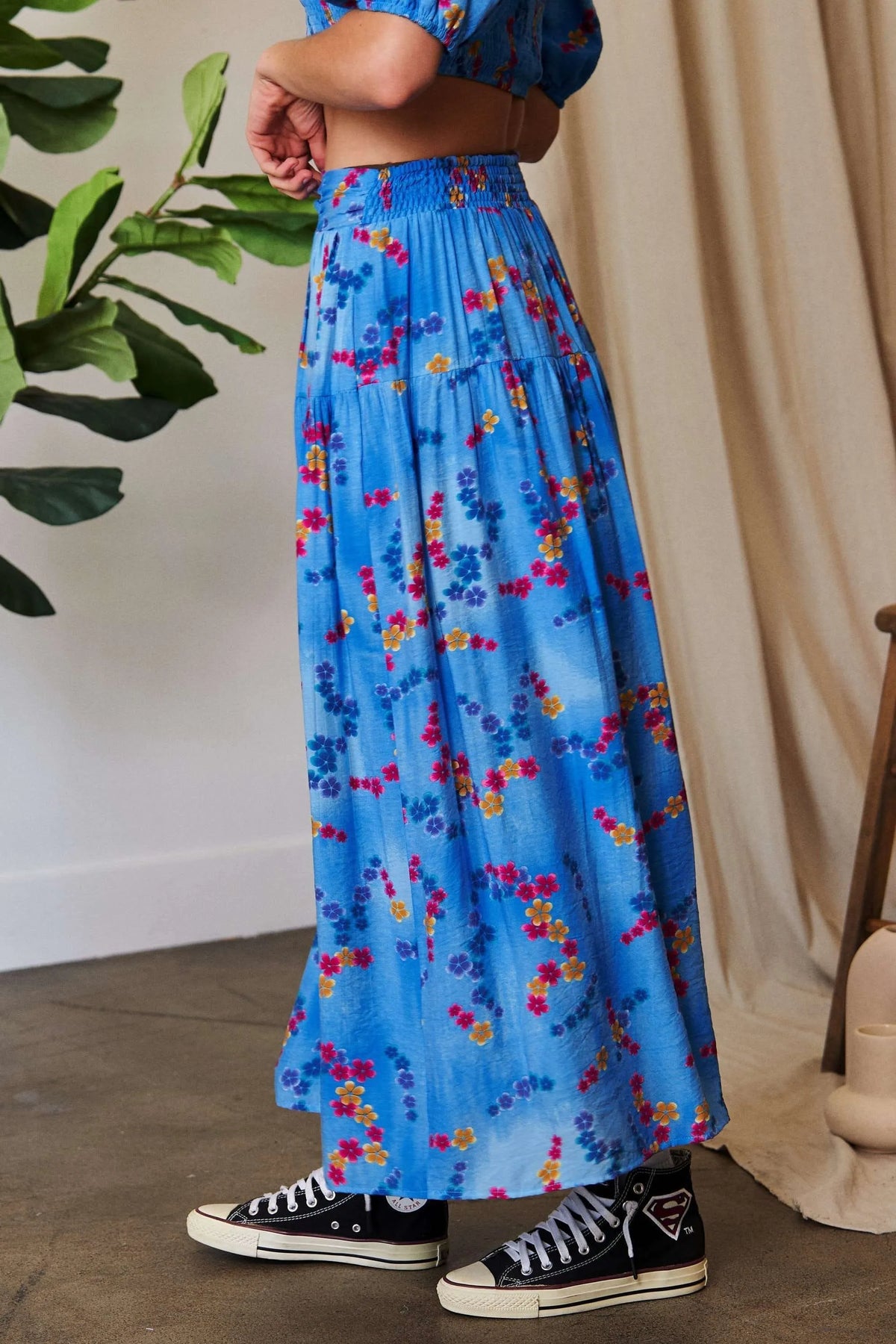 Davi & Dani Printed Smocking Waistband Ruffled Maxi Skirt - Lilixa.store