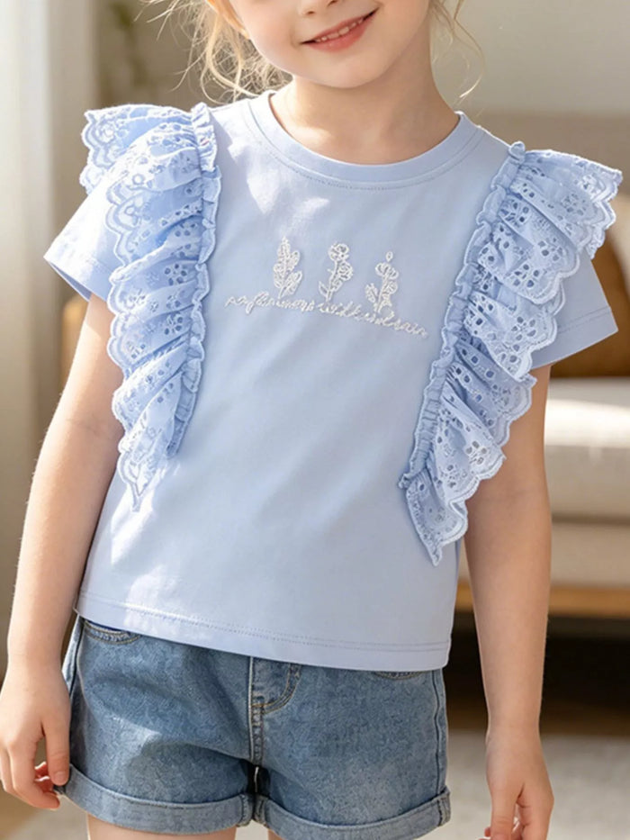 Children's Ruffled Eyelet Round Neck T-Shirt - Lilixa.store