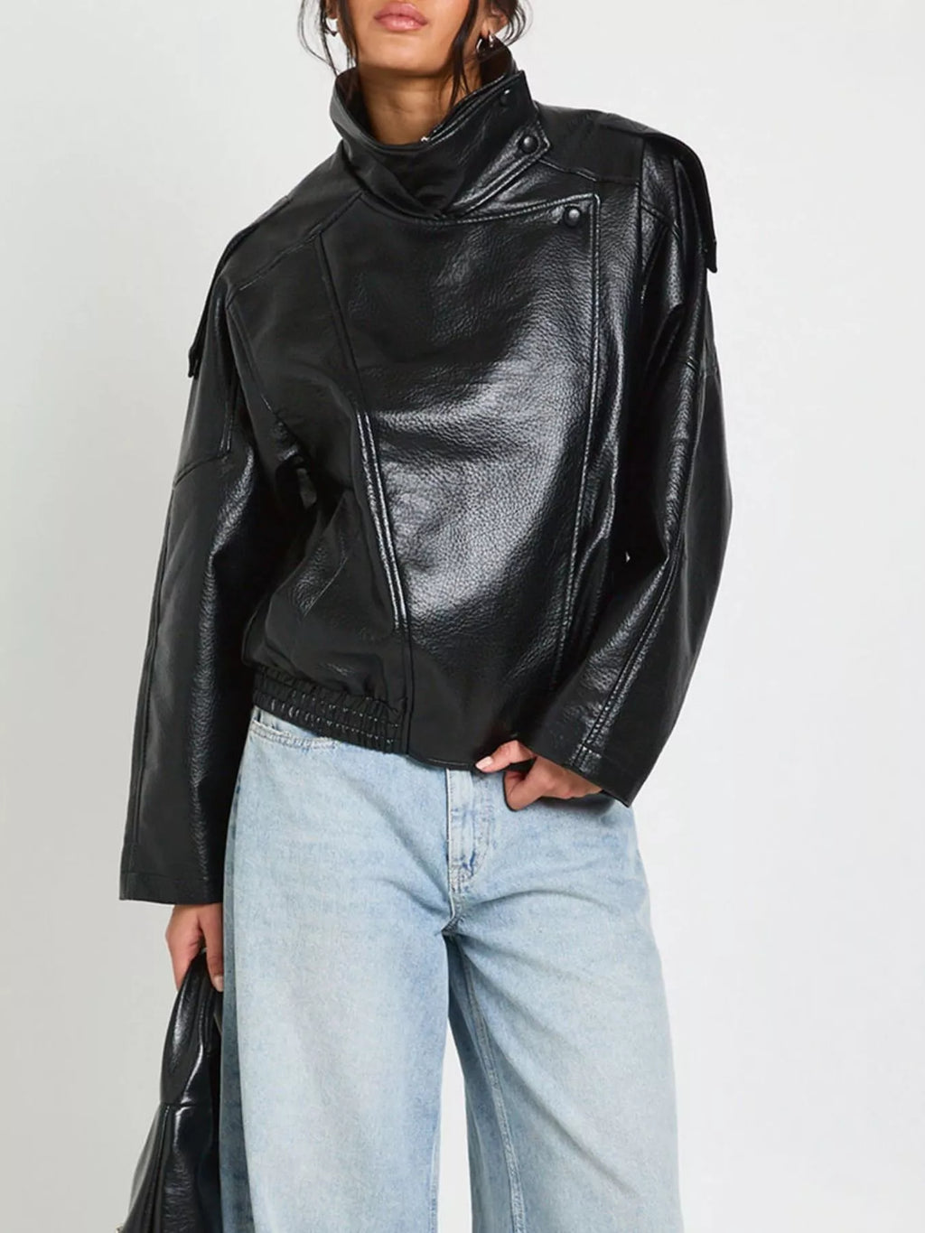 Faux Leather Moto Jacket with Asymmetrical Zip - Lilixa.store