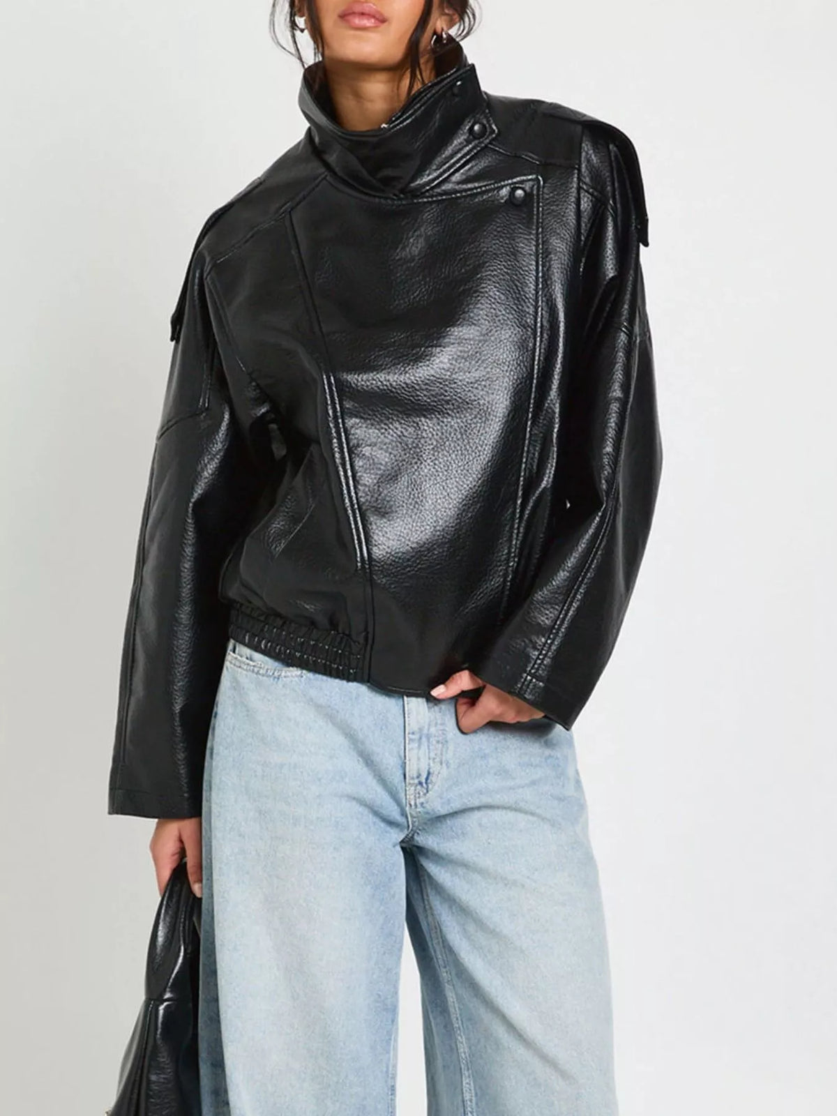 Faux Leather Moto Jacket with Asymmetrical Zip - Lilixa.store