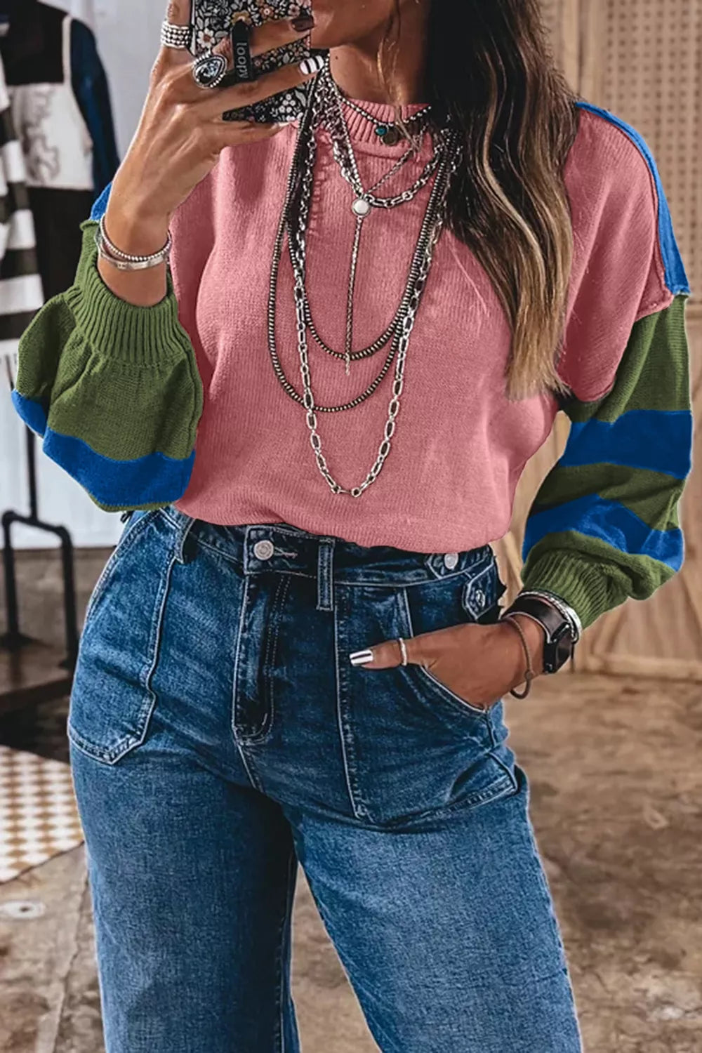 Multicolour Western Colorblock Patchwork Striped Long Sleeve Sweater