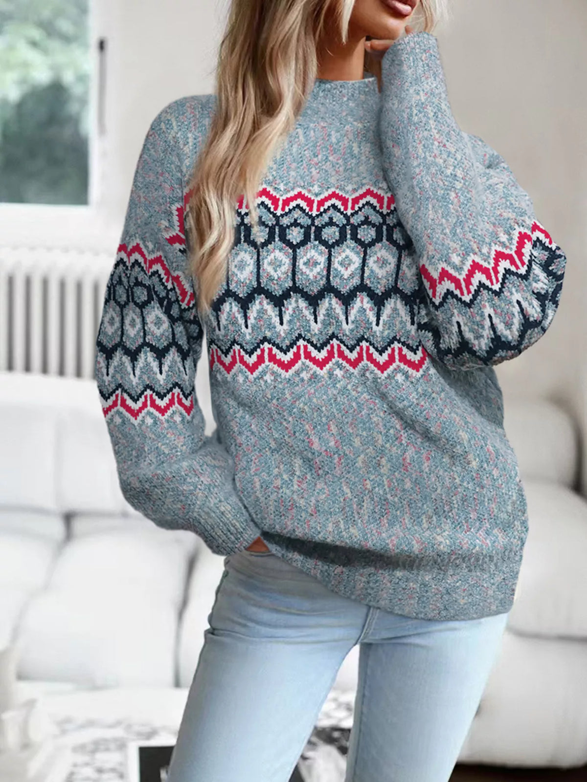 Geometric Pattern Long Sleeve Sweater - Lilixa.store