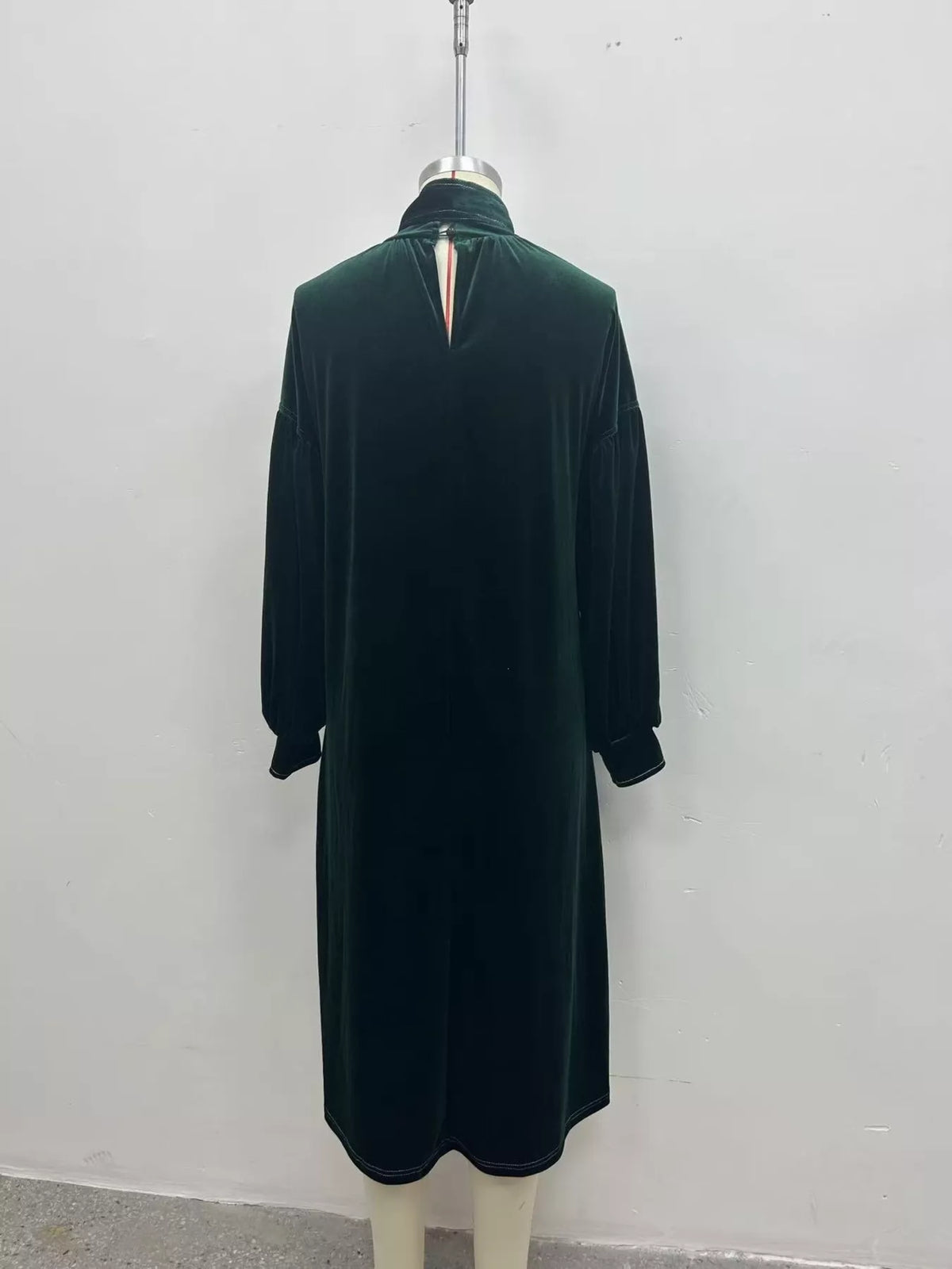 Full Size Velvet Tie-Neck Lantern Sleeve Midi Dress Plus Size - Lilixa.store