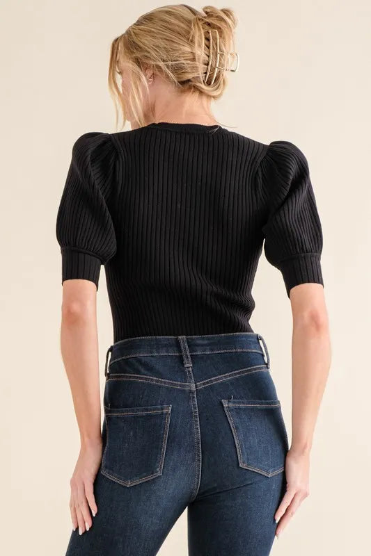And The Why Puffed Half Sleeve Rib Basic Bodysuit - Lilixa.store