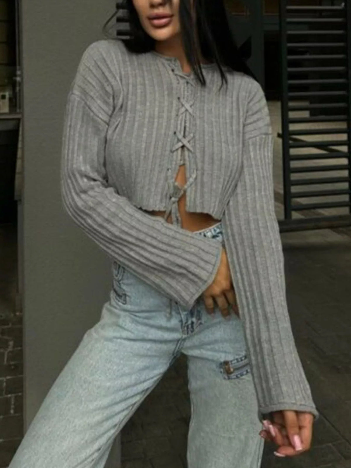 Ribbed Lace-Up Crop Sweater, view 5
