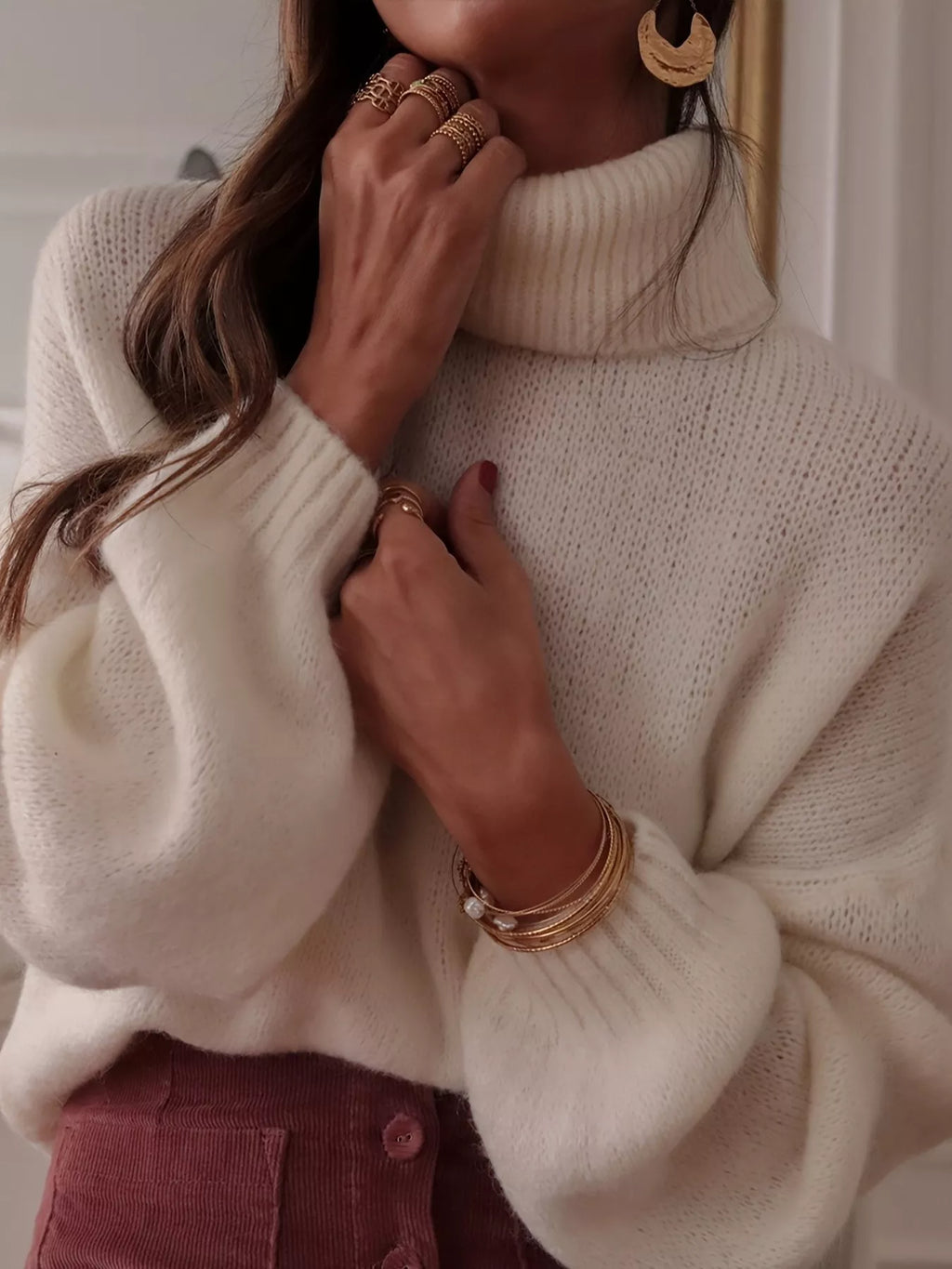 Turtleneck Oversized Dropped Shoulder Sweater in White, view 3