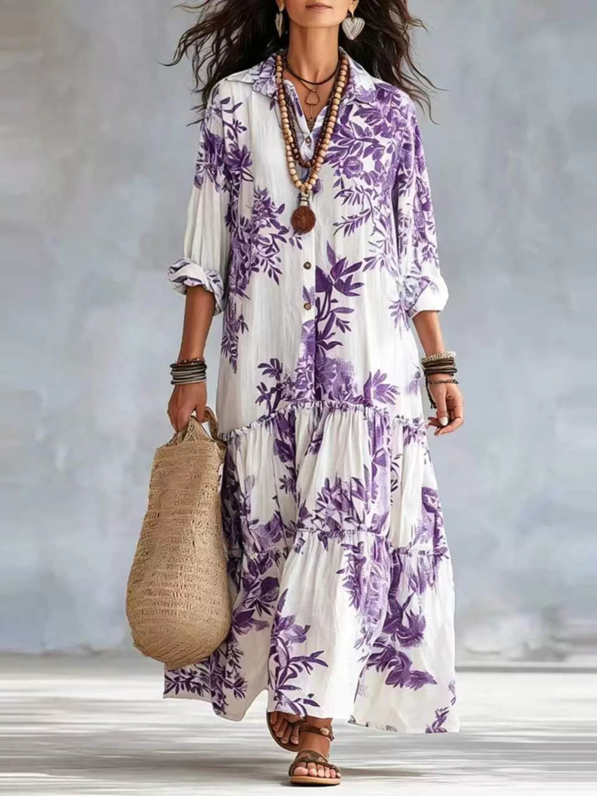 Printed Button Front Maxi Dress