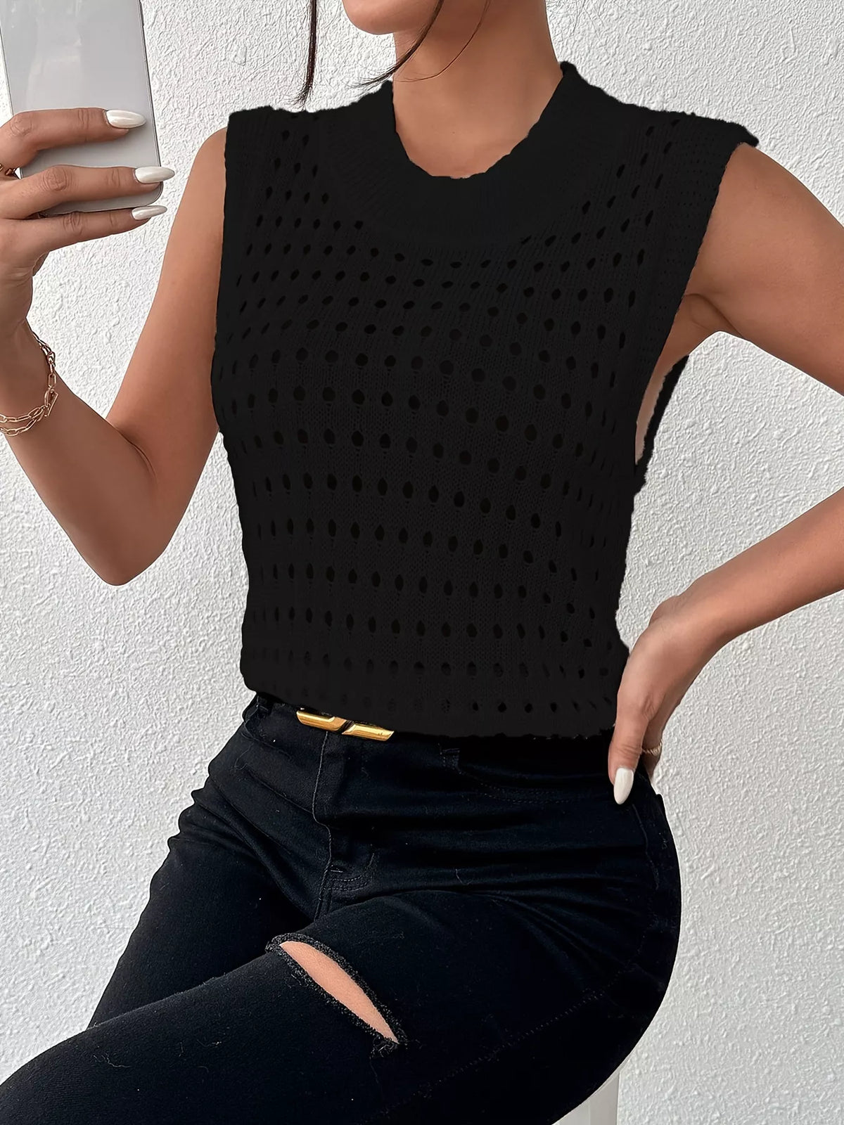 Hollow Out Round Neck Knit Tank in Black