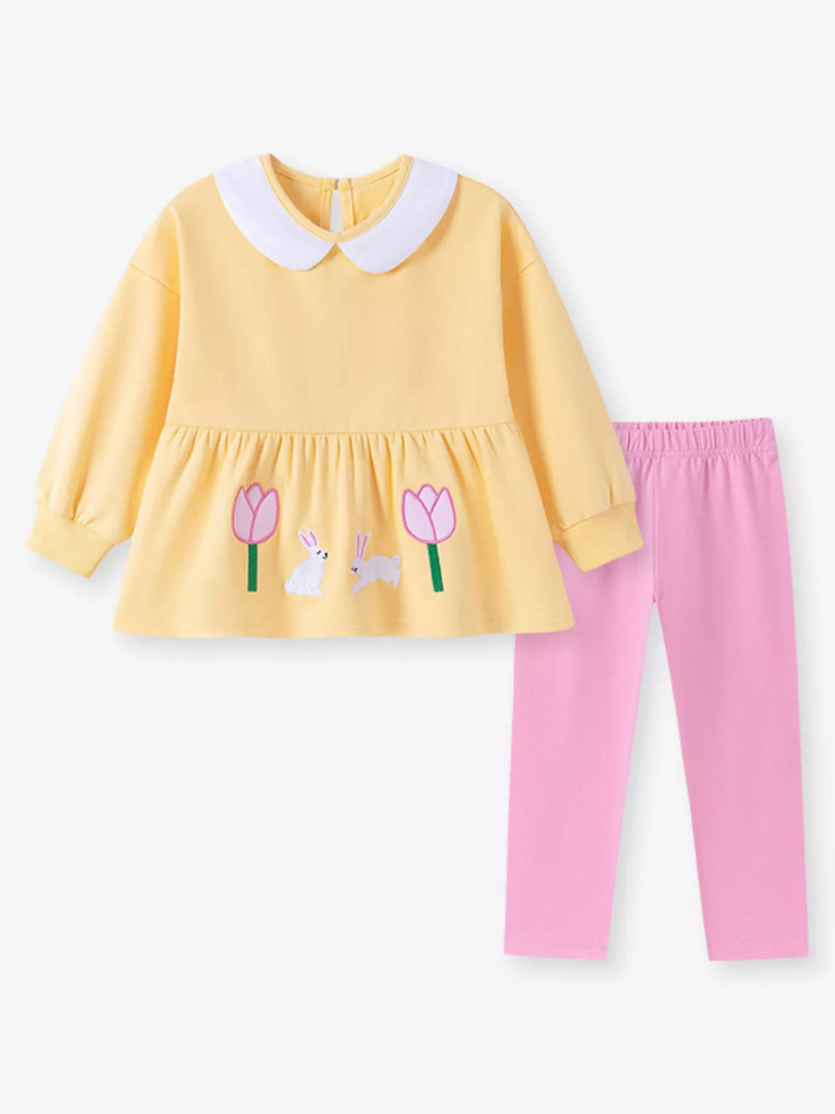 Children's Peter Pan Collar Bunny Peplum Sweatshirt and Leggings Set in Light Yellow, view 2
