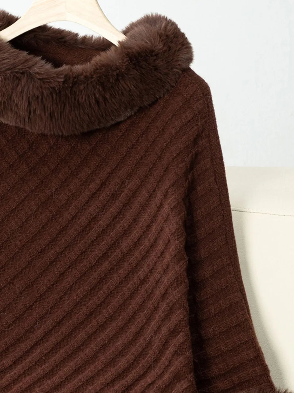 Fuzzy Trim Texture Three-Quarter Sleeve Poncho - Lilixa.store