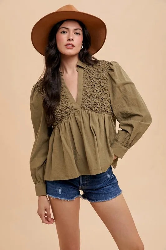 Annie Wear Smocked Front Long Sleeve Babydoll Blouse in Olive, view 5