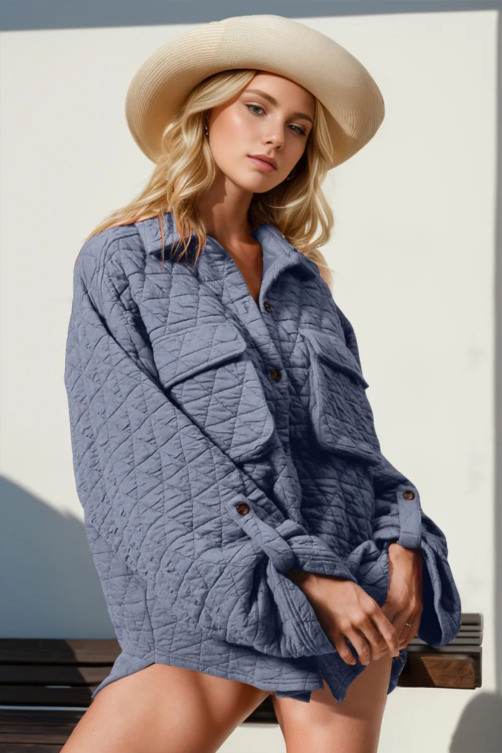 Double Take Button Up Quilted Shacket with Chest Pockets in Dusty Blue