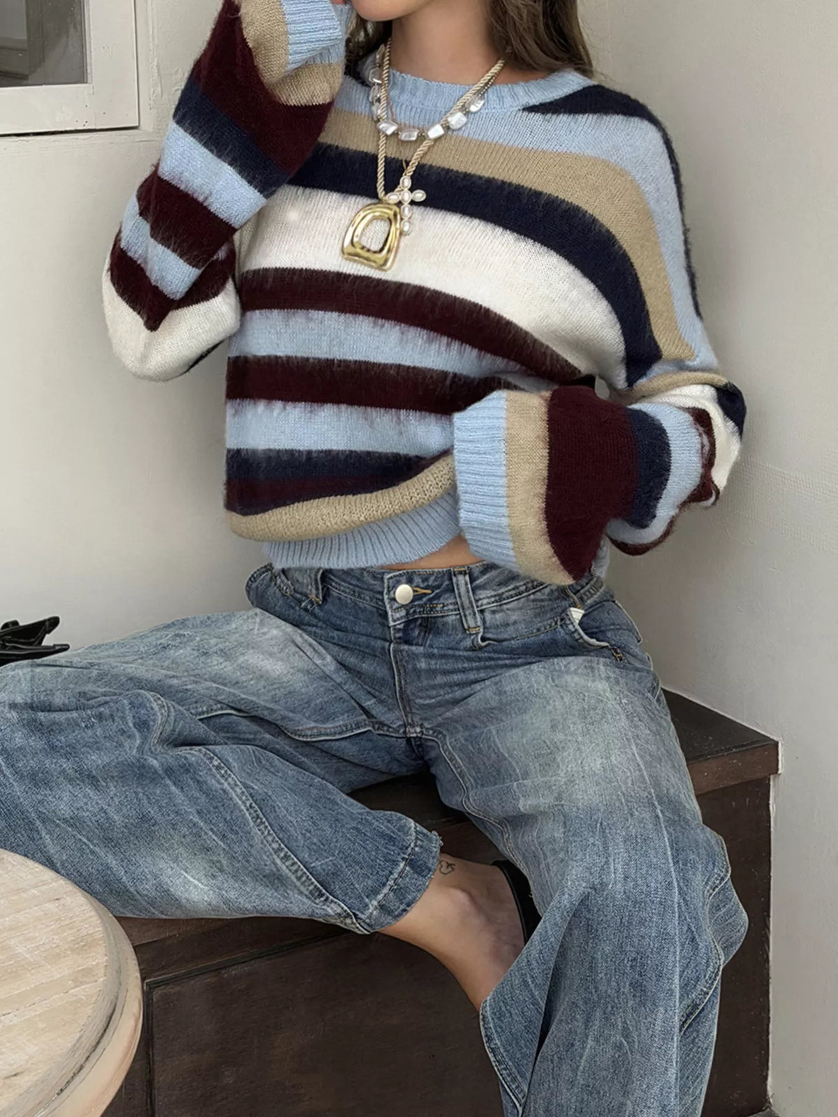 Multi-Color Striped Fuzzy Sweater - Lilixa.store