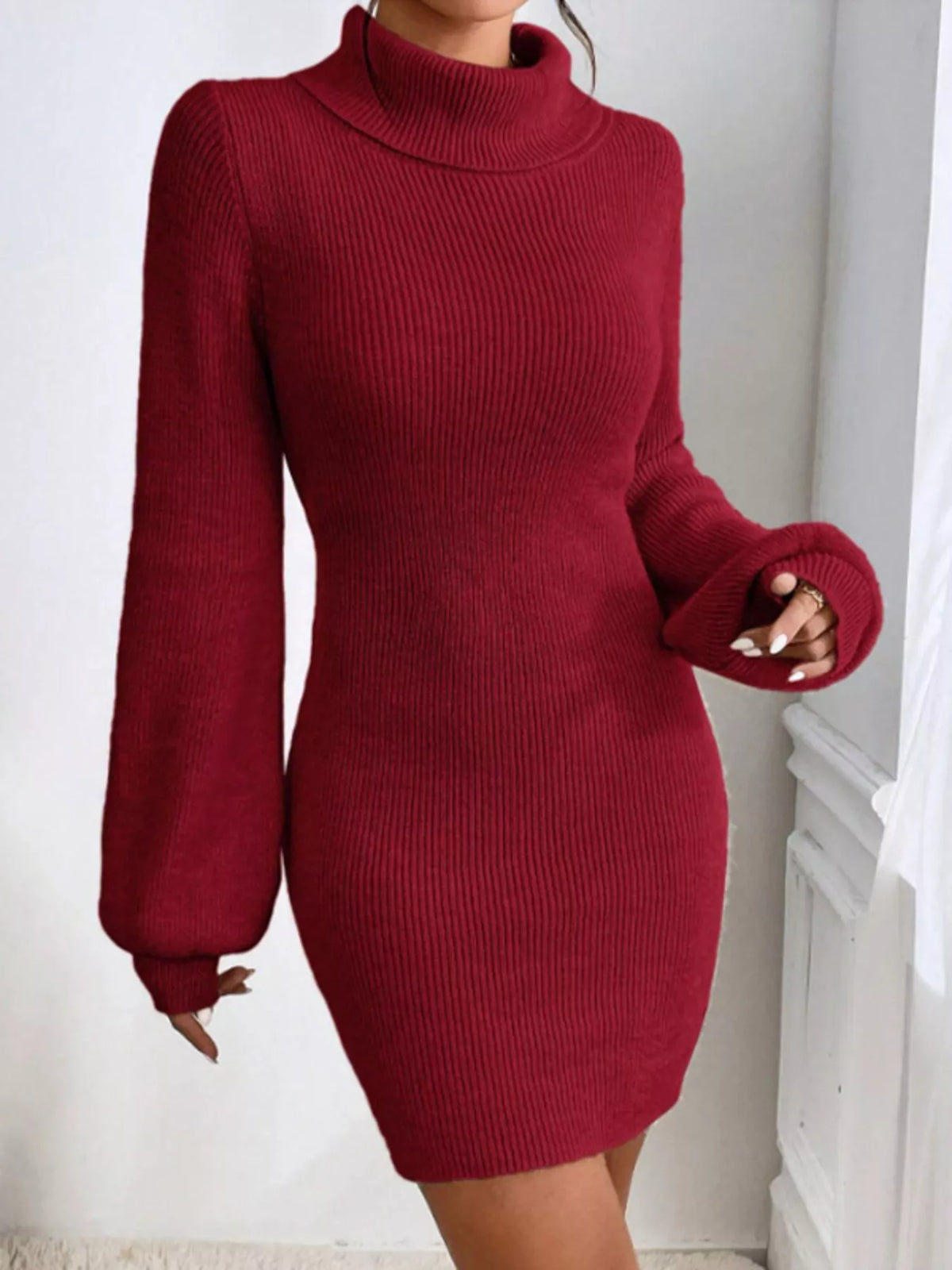 Turtleneck Ribbed Knit Sweater Dress, view 18