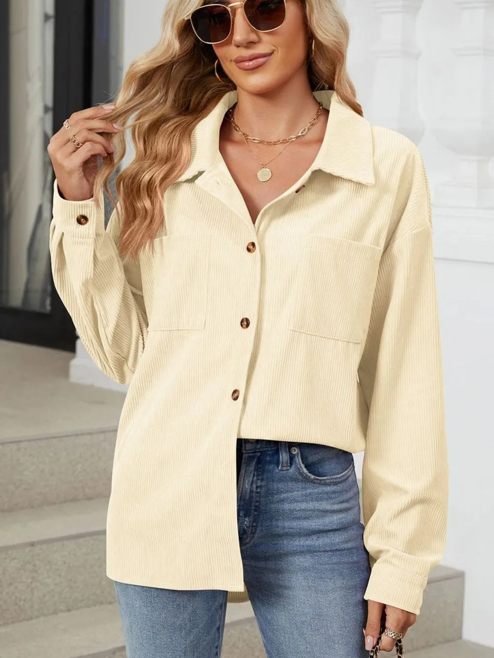Button Up Dropped Shoulder Long Sleeve Outerwear - Lilixa.store