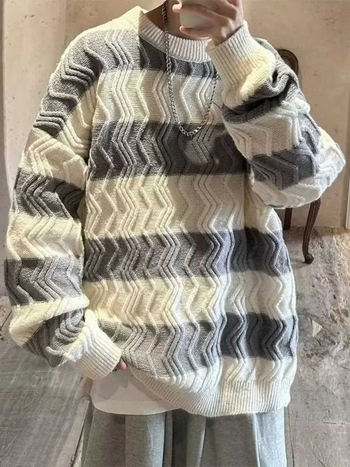 Men's Oversized Striped Textured Knit Sweater - Lilixa.store