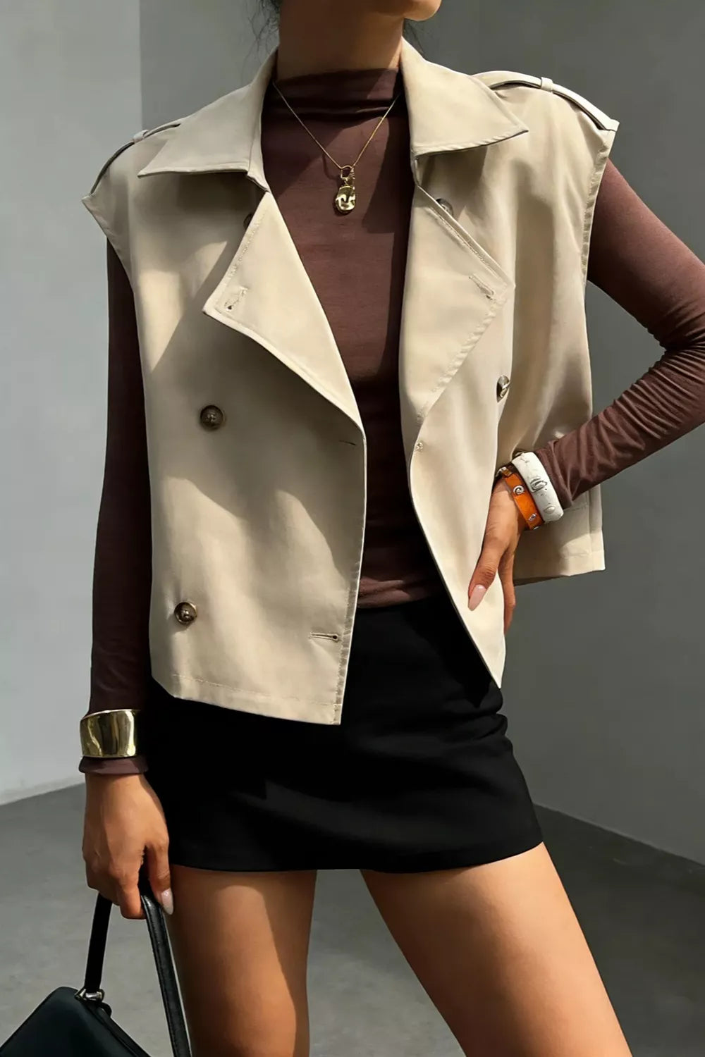 Double-Breasted Cropped Trench Vest Coat - Lilixa.store