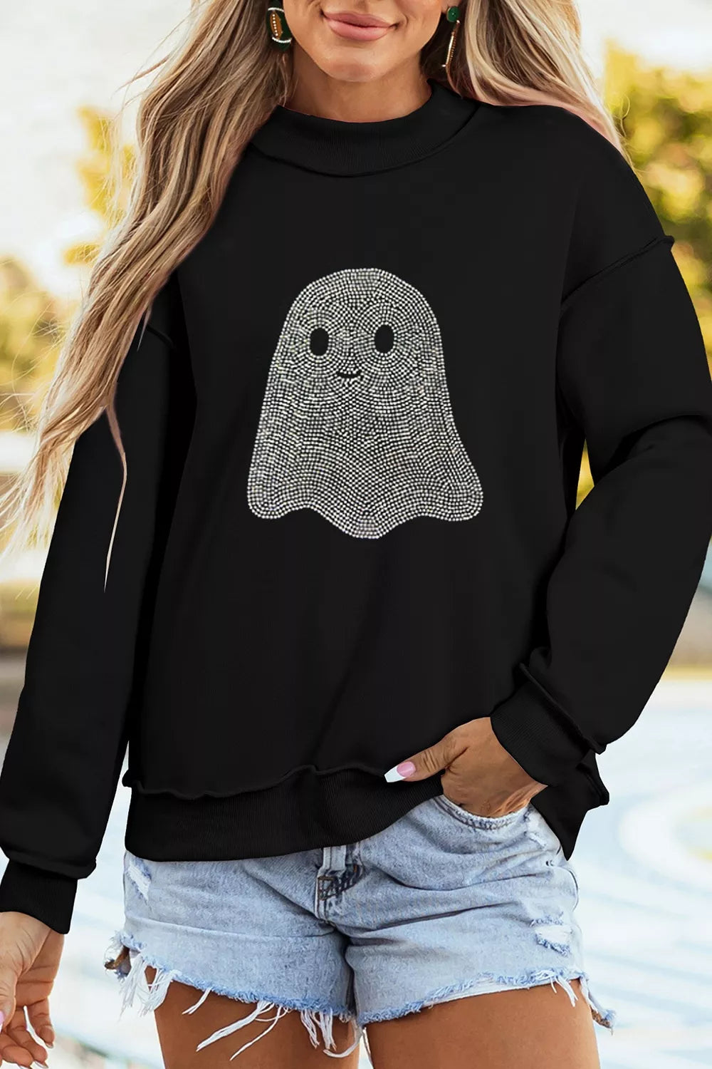 Rhinestone Ghost Exposed Seam Mock Neck Halloween Sweatshirt - Lilixa.store