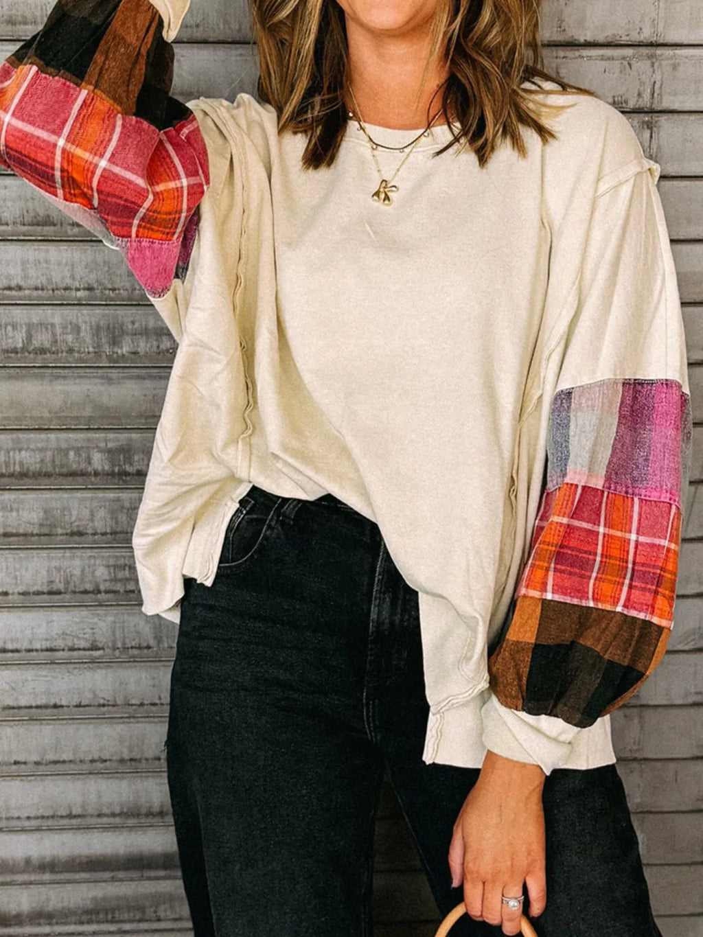Plaid Sleeve Contrast Casual Sweatshirt - Lilixa.store