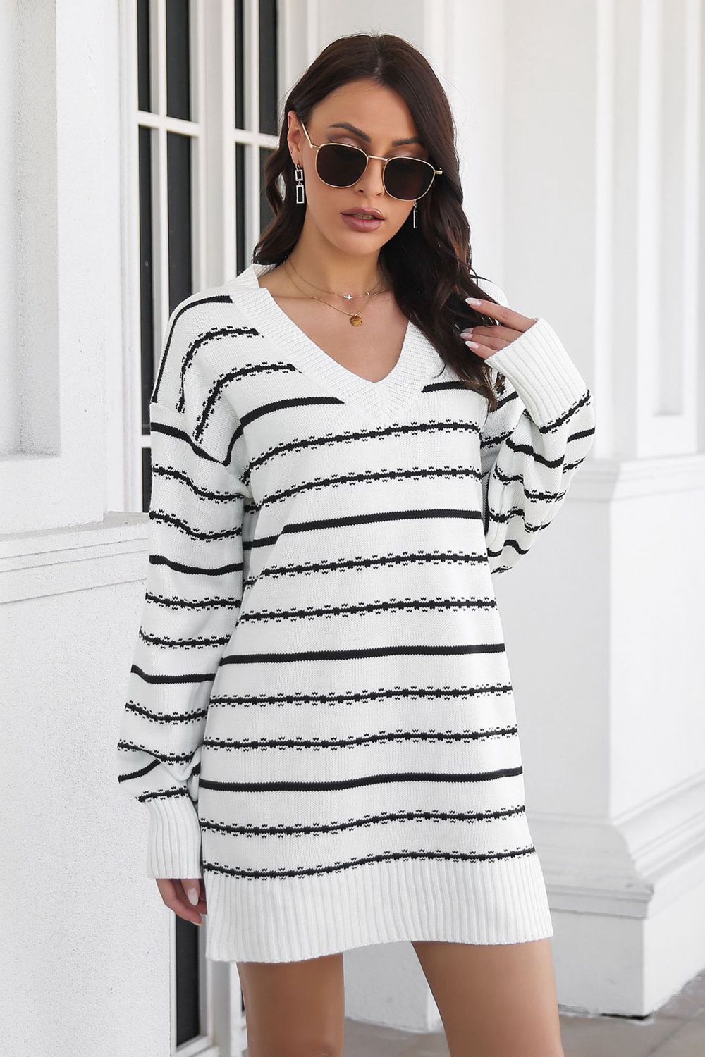 Striped V-Neck Sweater Dress, view 3