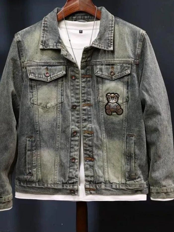 Men's Plus Size Washed Denim Jacket with Embroidered Patch - Lilixa.store