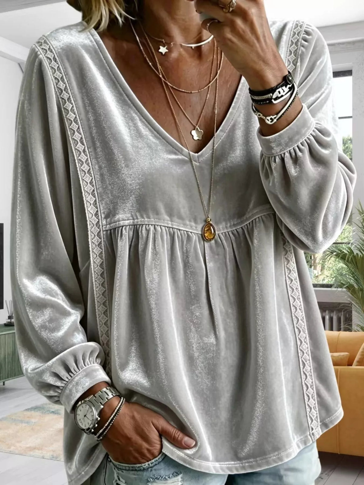 Full Size Velvet Lace Detail V-Neck Blouse Plus Size - Lilixa.store