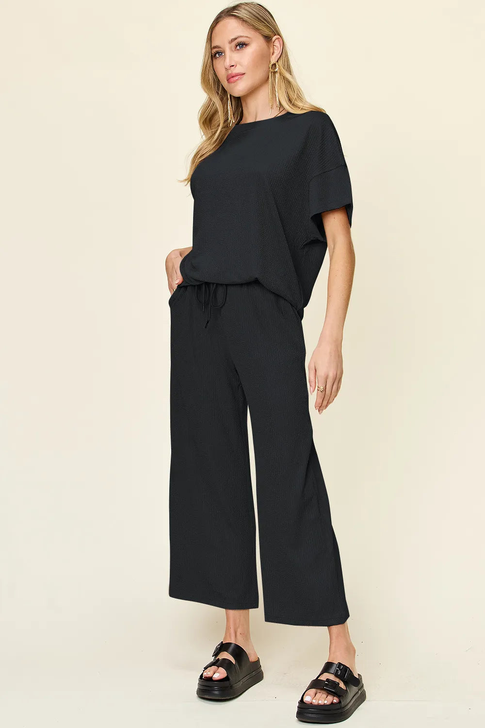 Double Take Full Size Texture Round Neck Short Sleeve T-Shirt and Wide Leg Pants, view 16