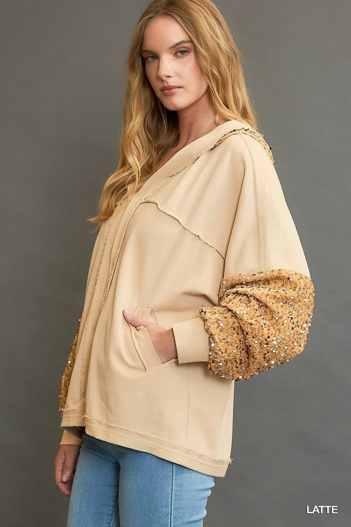 Umgee Sequined French Terry Jacket in Latte, view 4