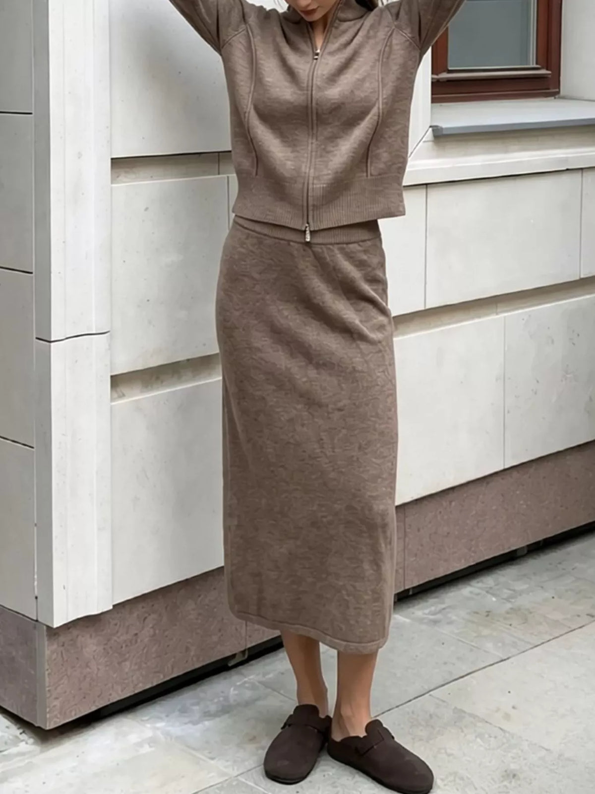 Zip-Up Mock Neck Cardigan and Matching Midi Skirt Sweater Set, view 6
