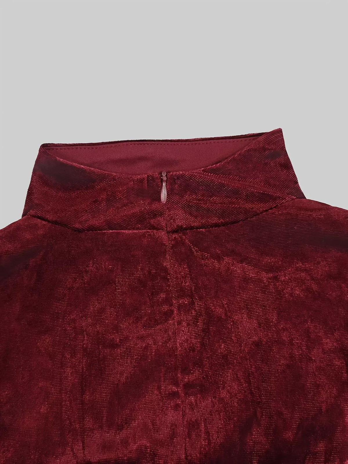 Velvet Mock Neck Ruched Slit Maxi Dress in Burgundy, view 8