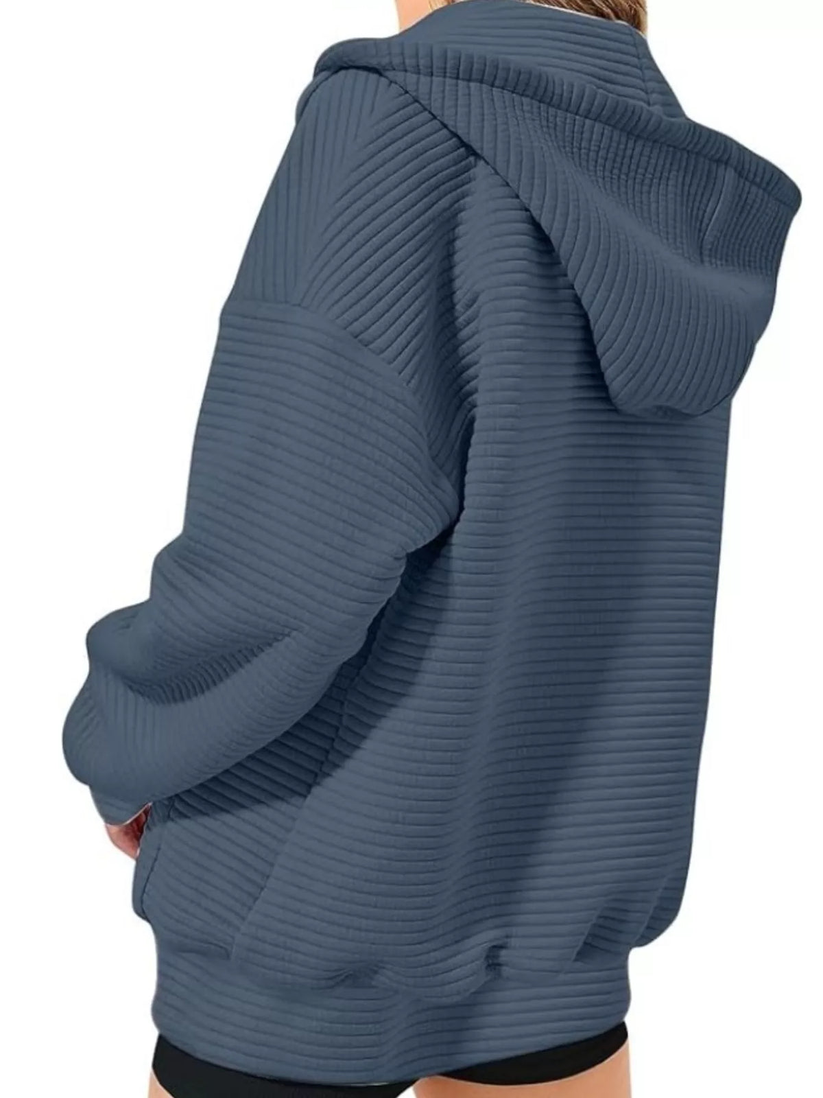 Drawstring Zip Up Dropped Shoulder Hoodie - Lilixa.store