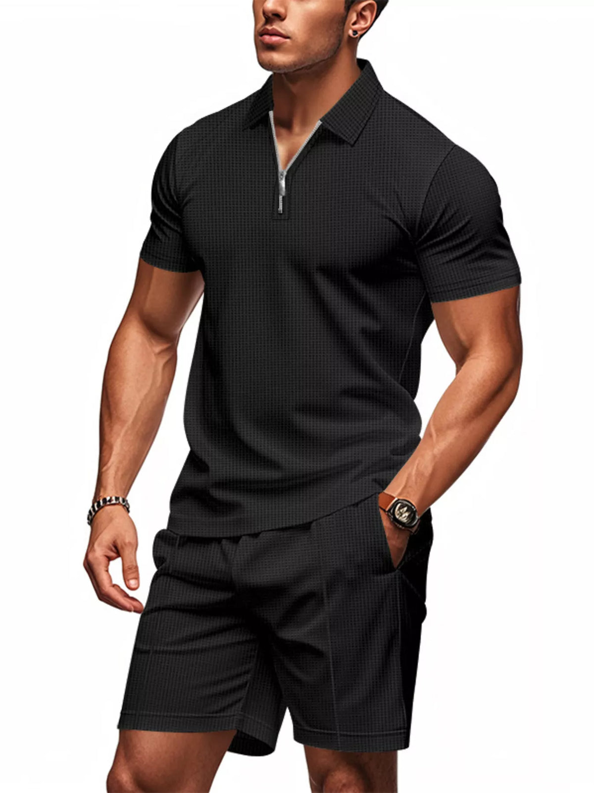 Men's Plus Size Quarter Zipper Polo Shirt and Shorts Set
