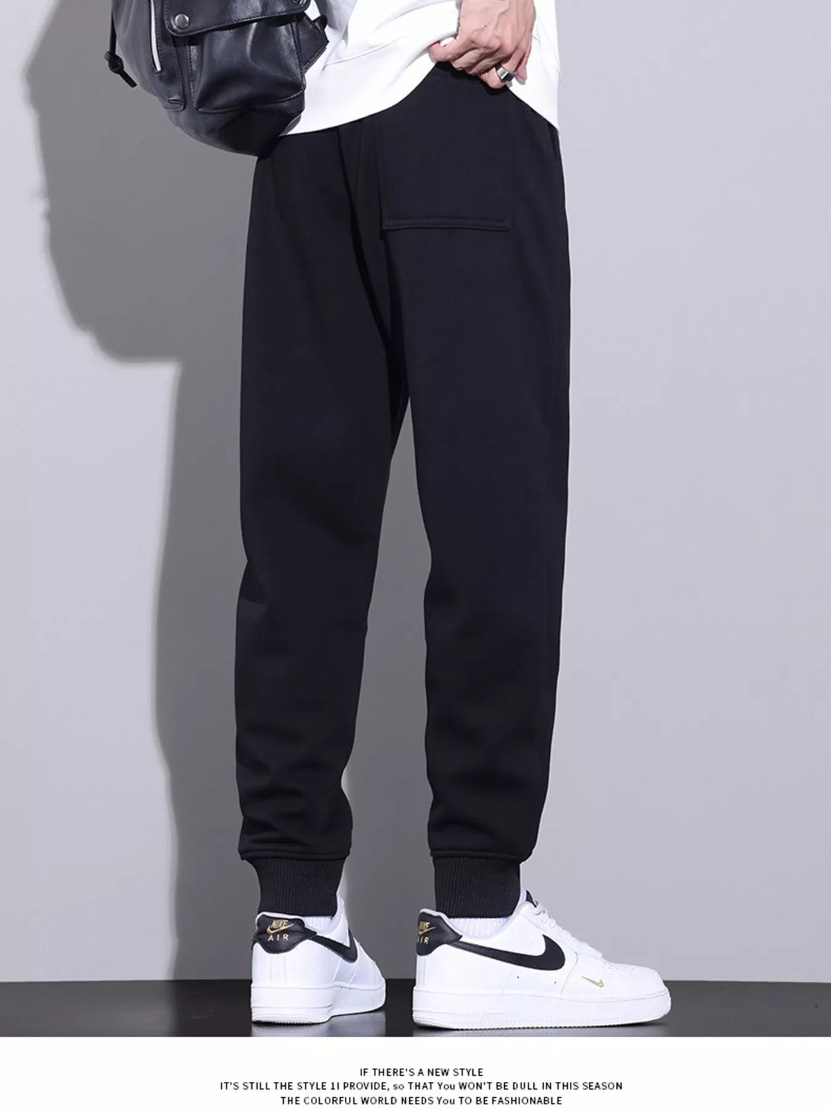 Men's Full Size Casual Drawstring Elastic Waist Ankle Cuffed Pants Plus Size in Black, view 3