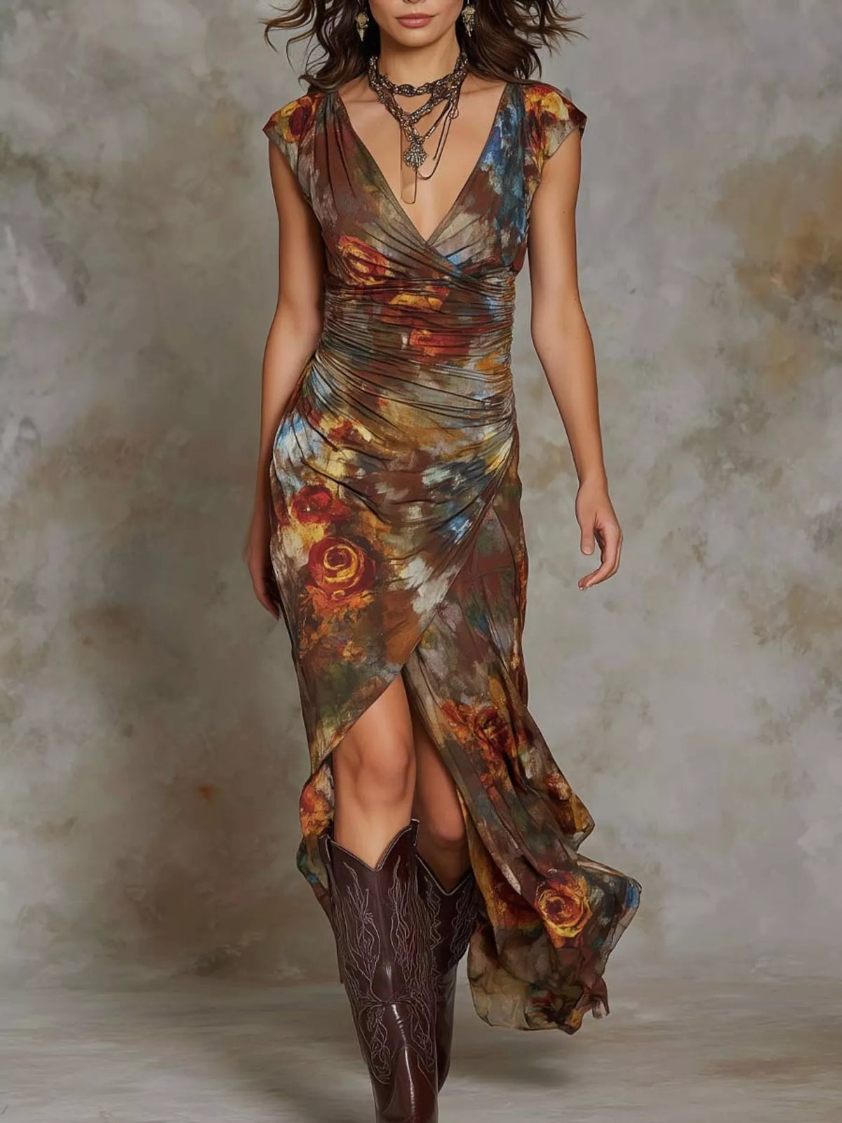 Floral Print Ruched Wrap Midi Dress - Lilixa.store