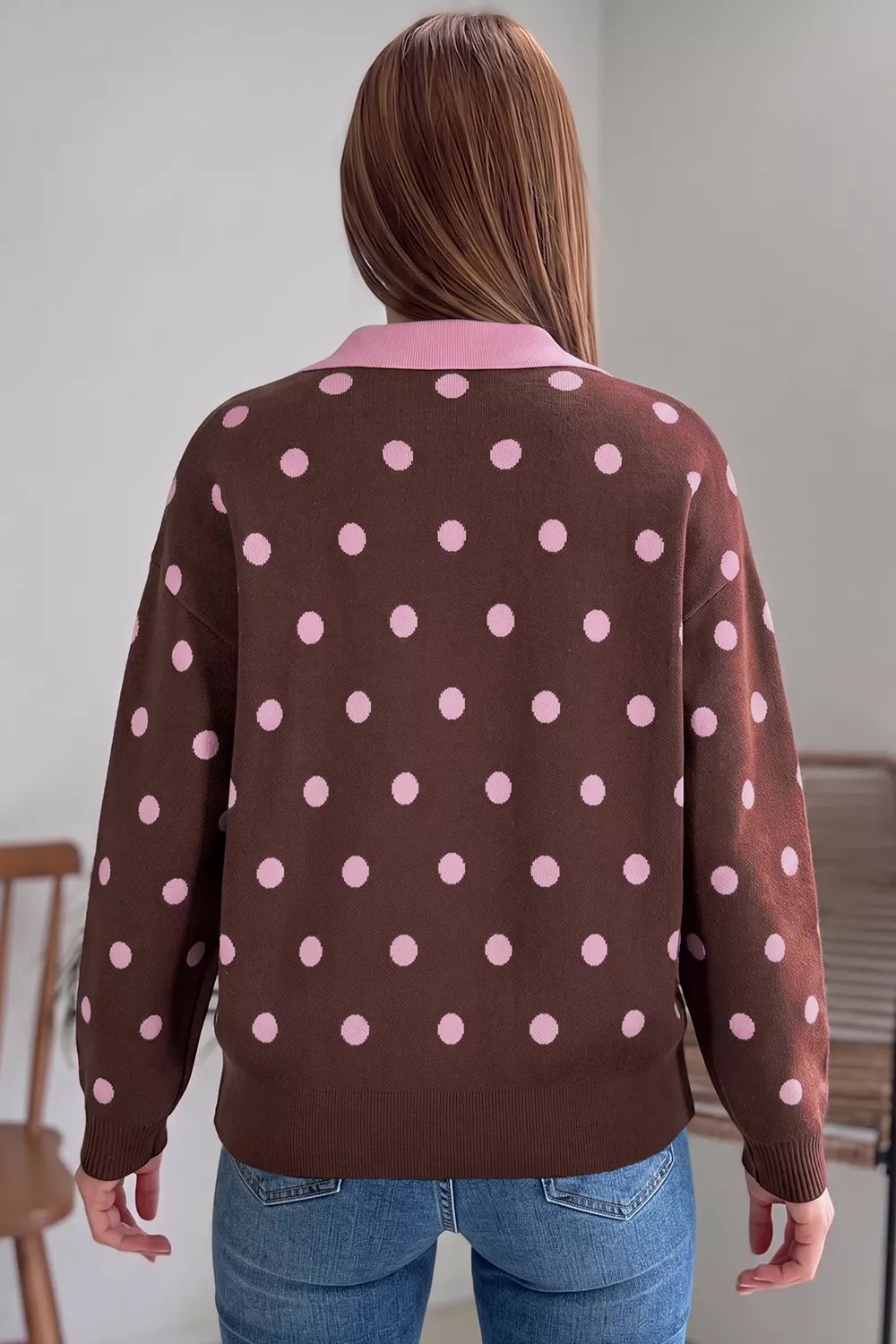 Polka Dot Pattern Color Block Collared Loose Pullover Sweater
