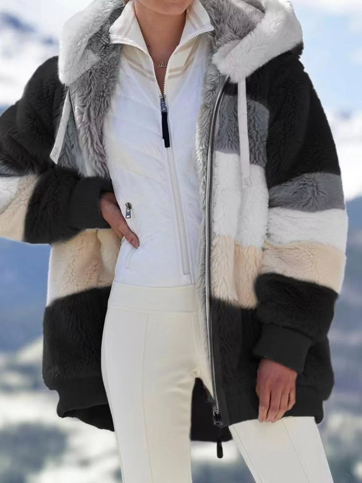 Full Size Fuzzy Zip Up Hooded Outerwear Plus Size in Black