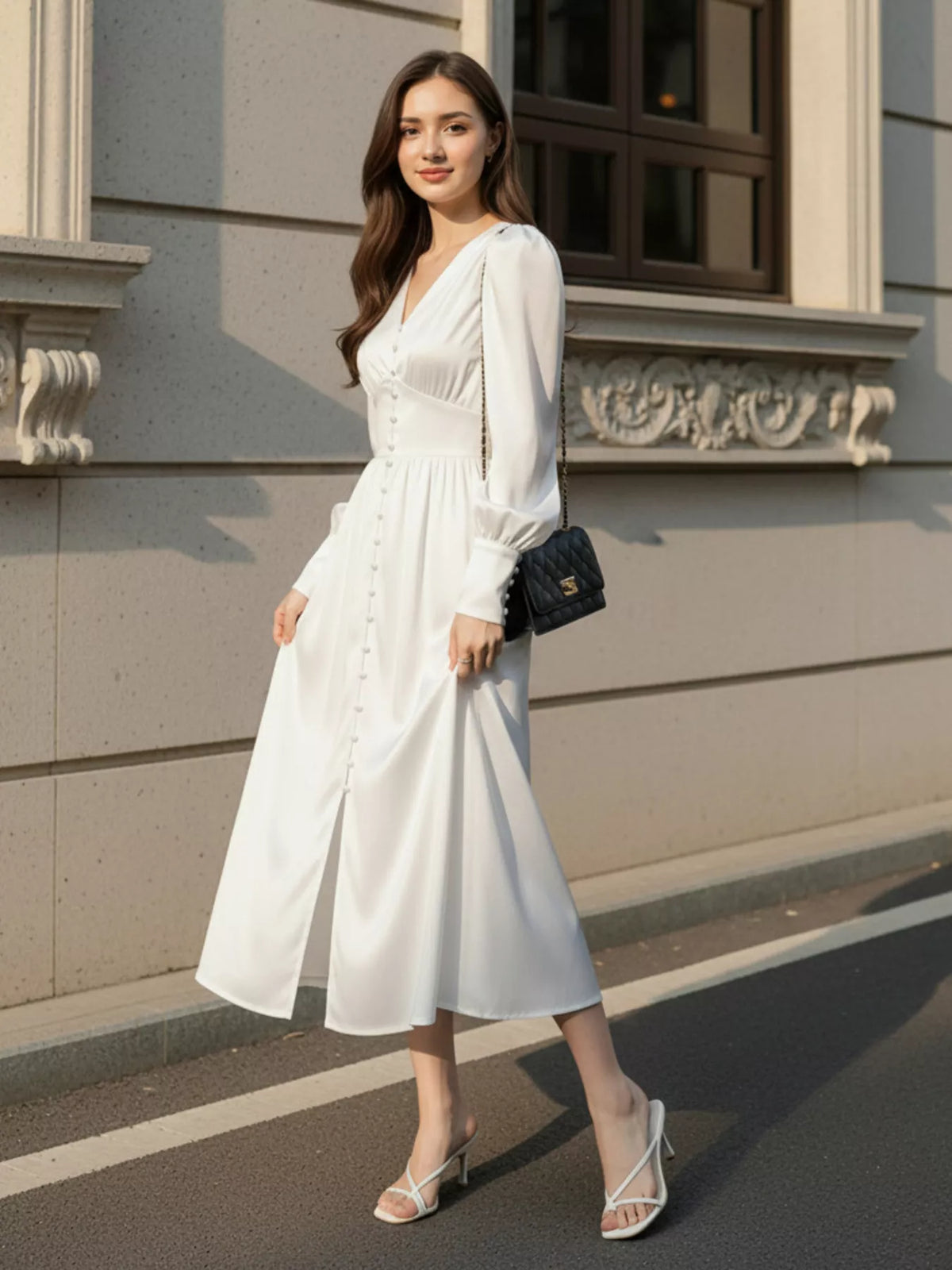 V-Neck Lantern Sleeve Midi Dress, view 4