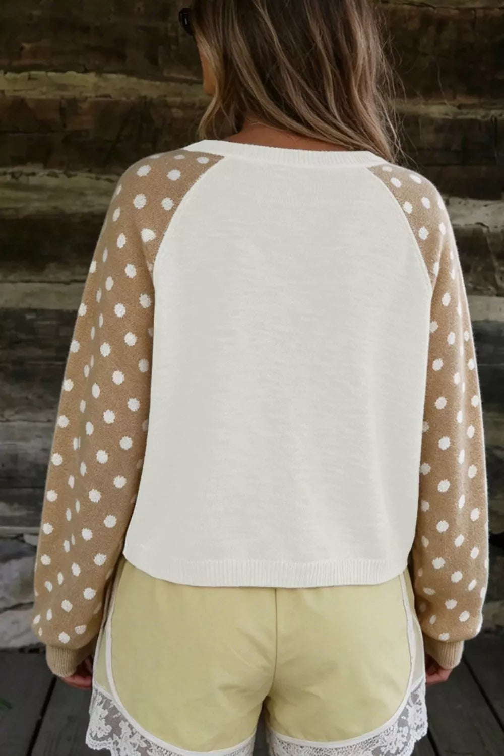 Polka Dot Contrast Long Sleeve Button V Neck Sweater
