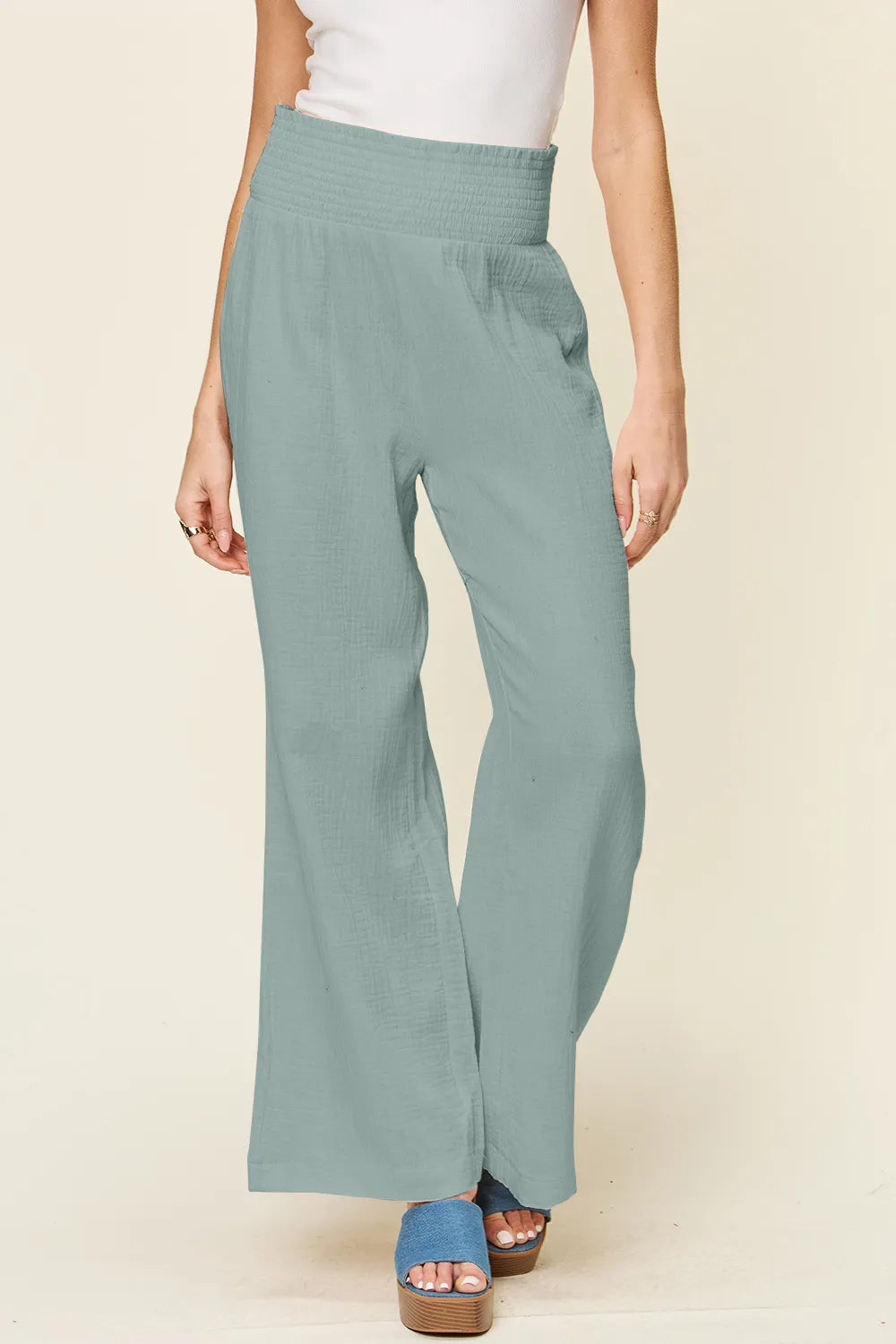 Double Take Full Size Texture Smocked Waist Wide Leg Pants - Lilixa.store