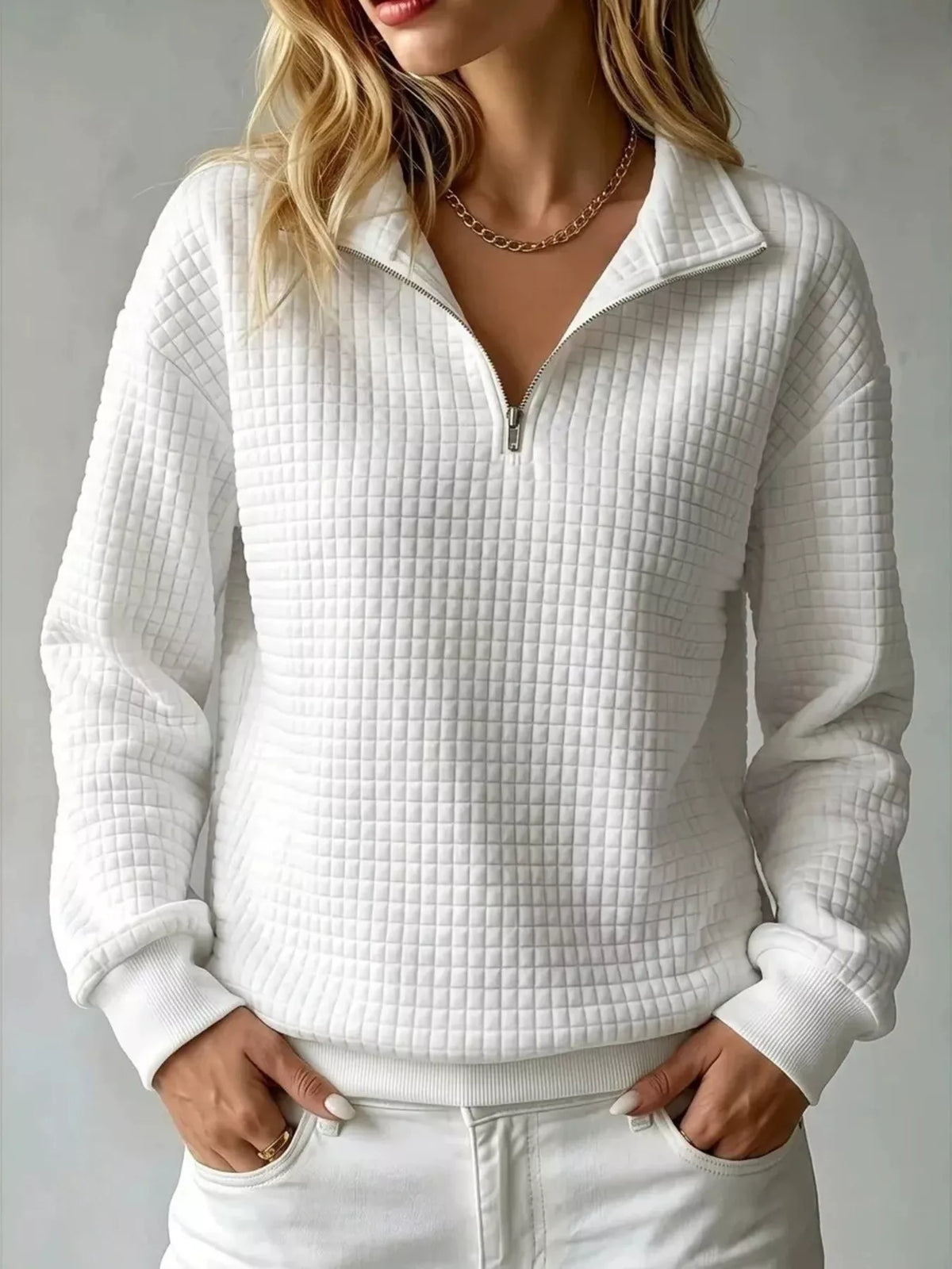 Waffle Knit Quarter-Zip Sweatshirt - Lilixa.store