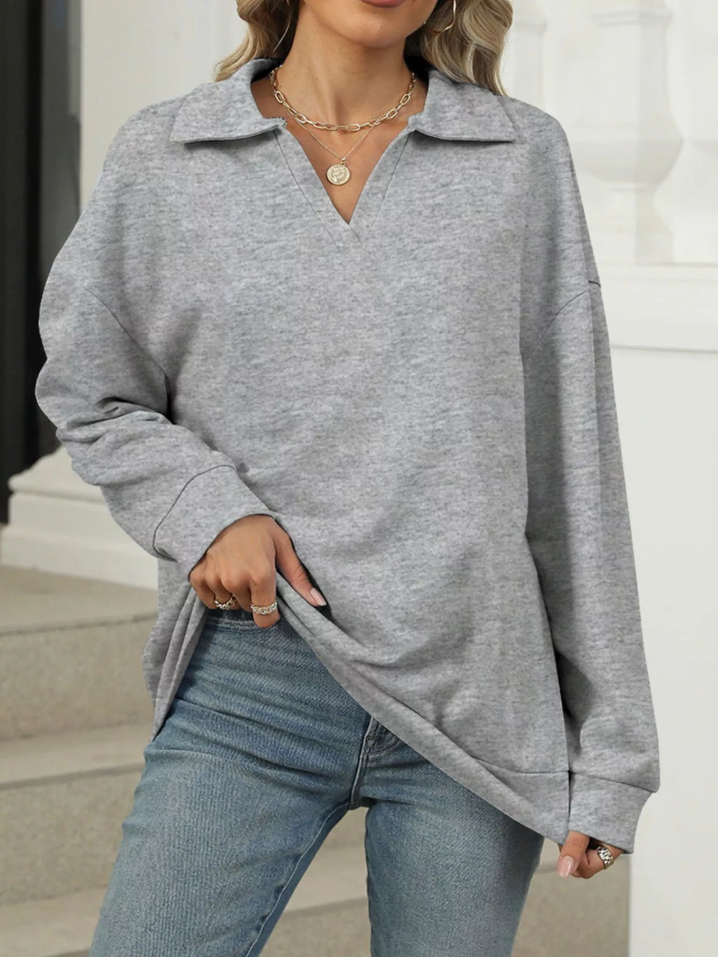 Johnny Collar Drop Shoulder Long Sleeve Sweatshirt - Lilixa.store