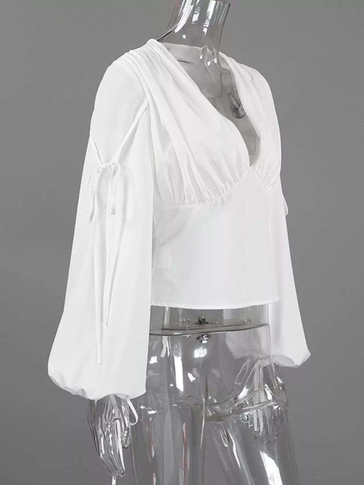 Tied V-Neck Balloon Sleeve Blouse in White, view 9