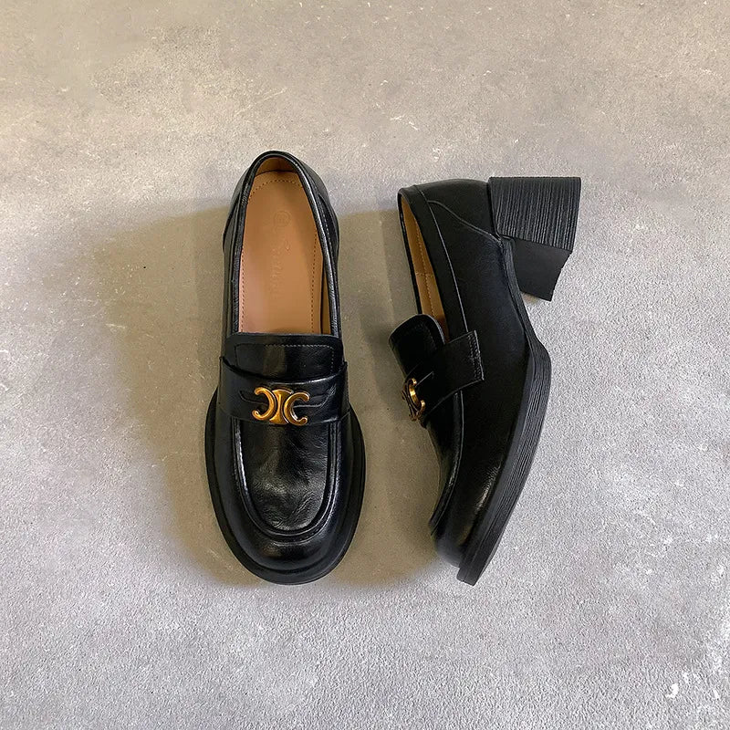 Round Toe Block Heel Loafers in Black Light, view 4