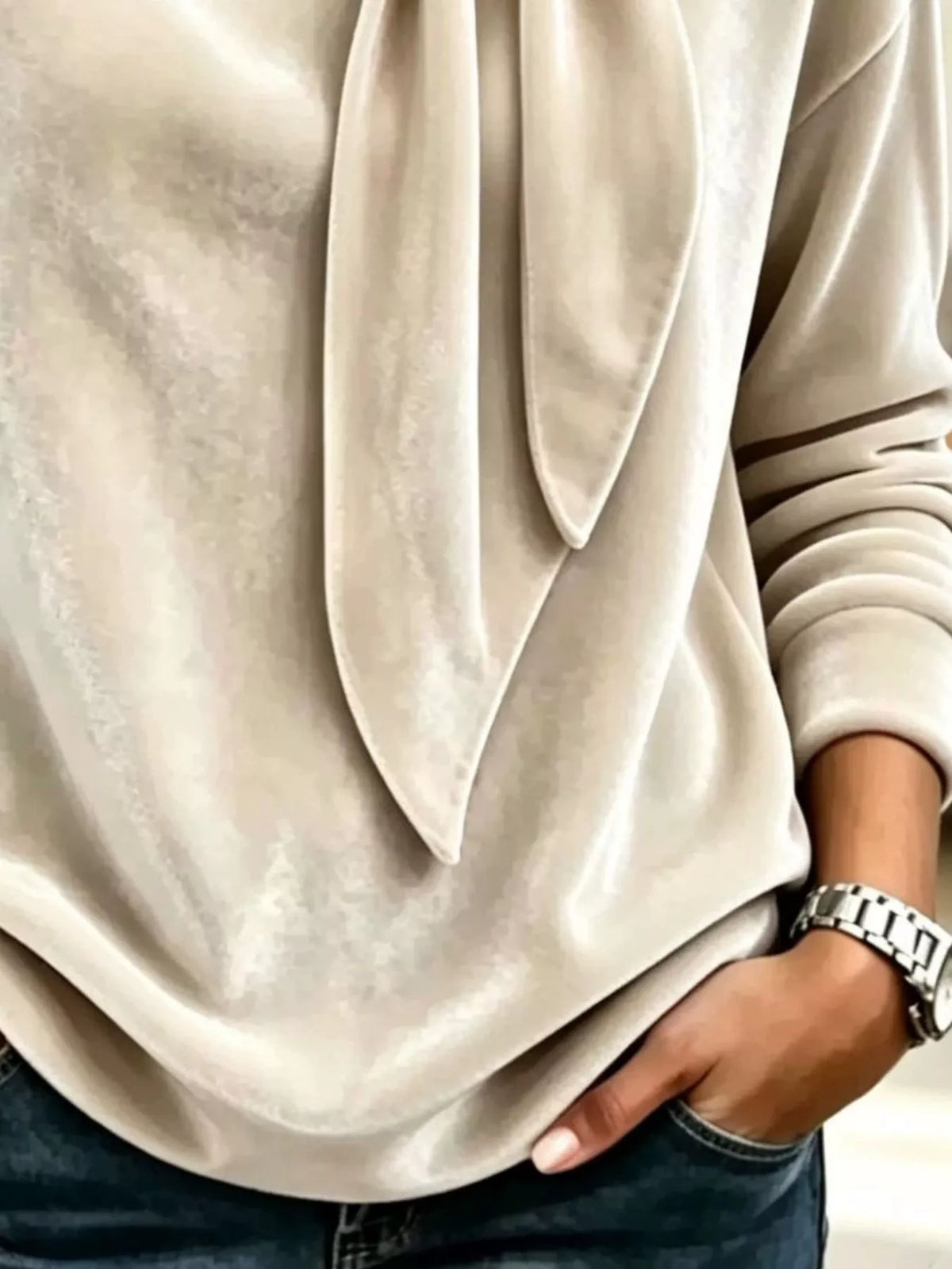 Velvet Tie Front Long Sleeve Sweatshirt - Lilixa.store