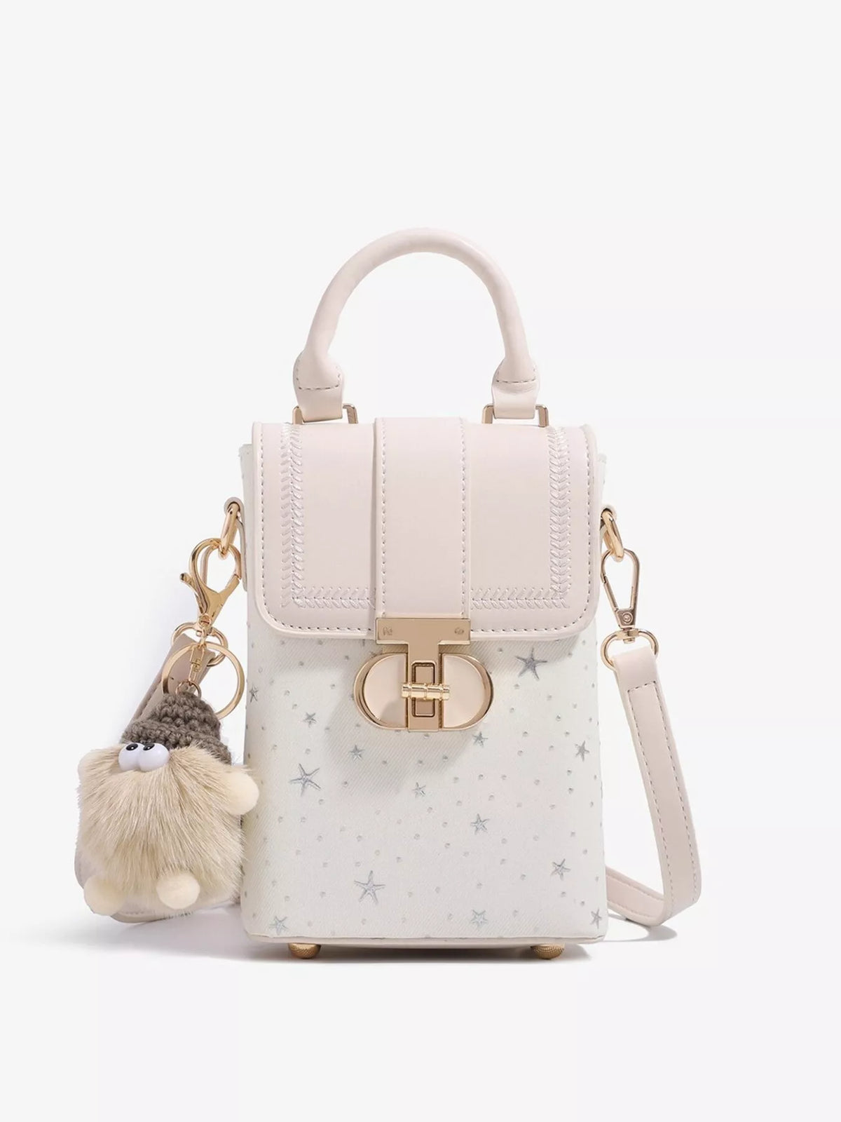 Star-Patterned Mini Crossbody Bag with Plush Charm in White, view 6