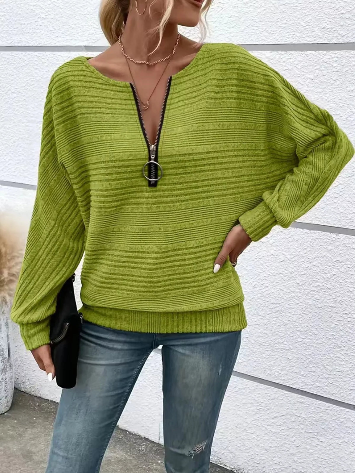 Ribbed Knit Quarter Zip Sweatshirt - Lilixa.store