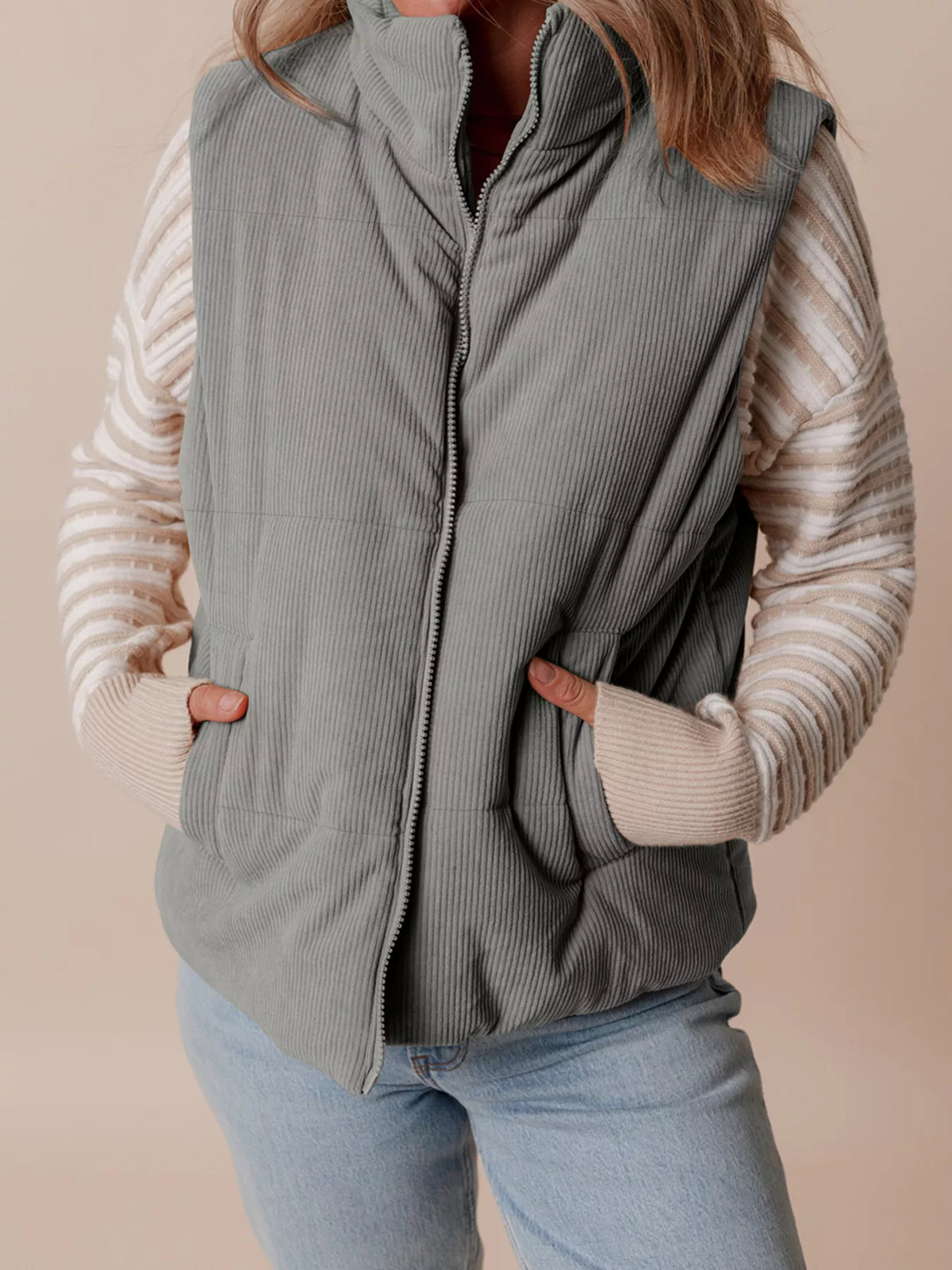 Corduroy Stand Neck Zipped Puffer Vest - Lilixa.store