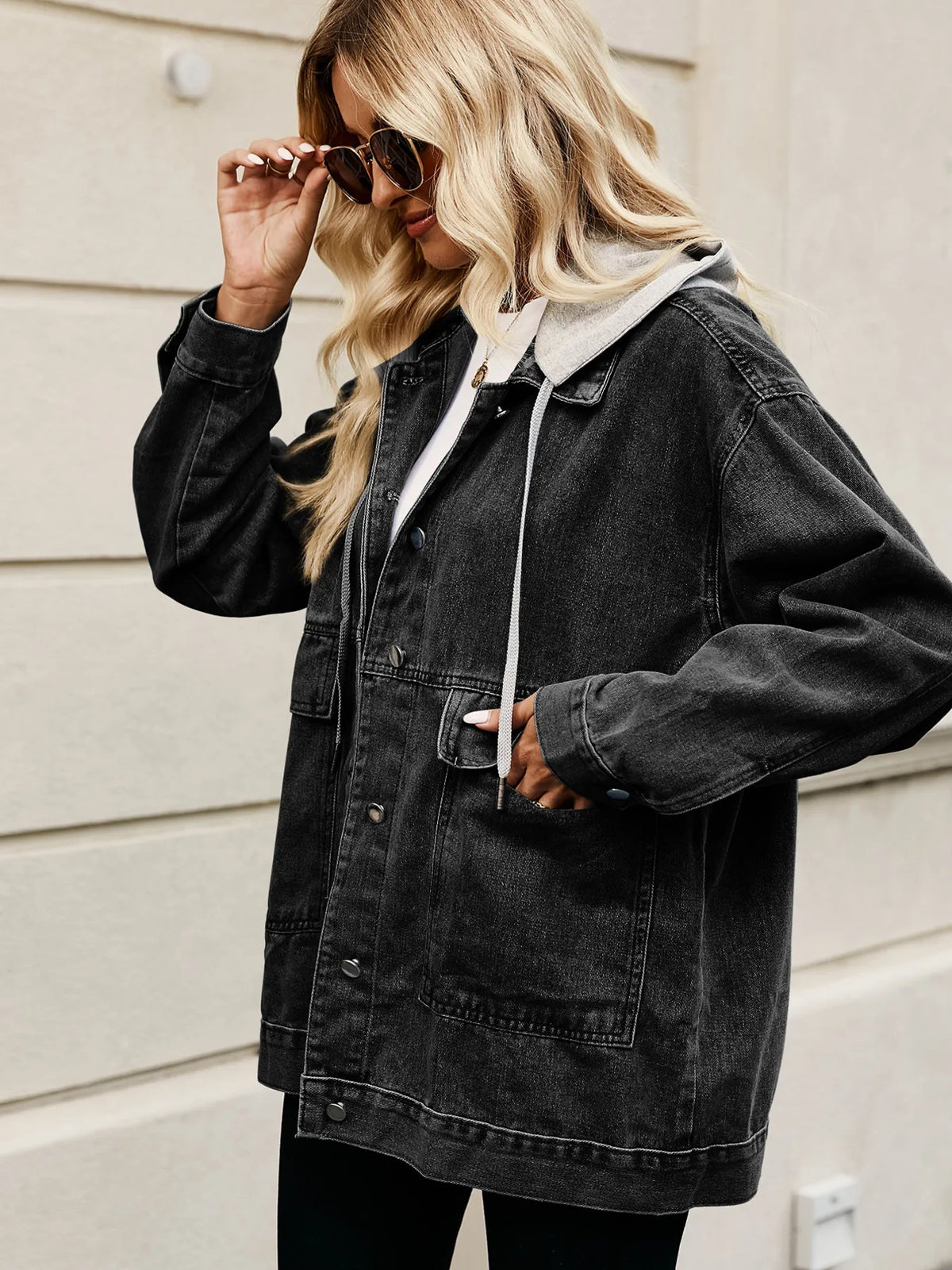 Oversized Button Up Denim Jacket with Hood, view 12