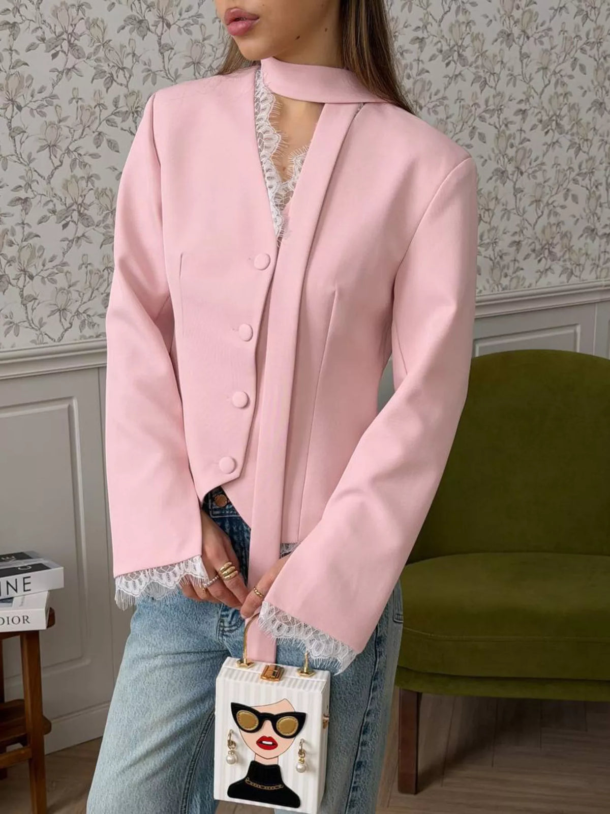 Lace Trim Button Up Blazer - Lilixa.store