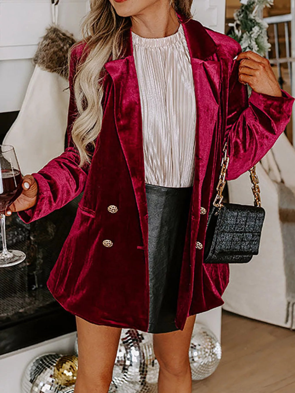 Velvet Lapel Collar Button Up Blazer - Lilixa.store